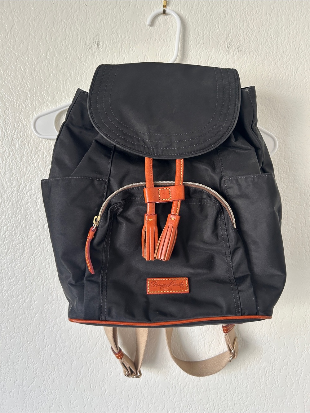 Dooney & Bourke Black Nylon Backpack with Brown Trim and Straps